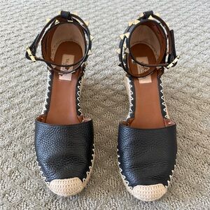 Valentino Black Leather Espadrille Ankle-Strap Flats with Gold Studs